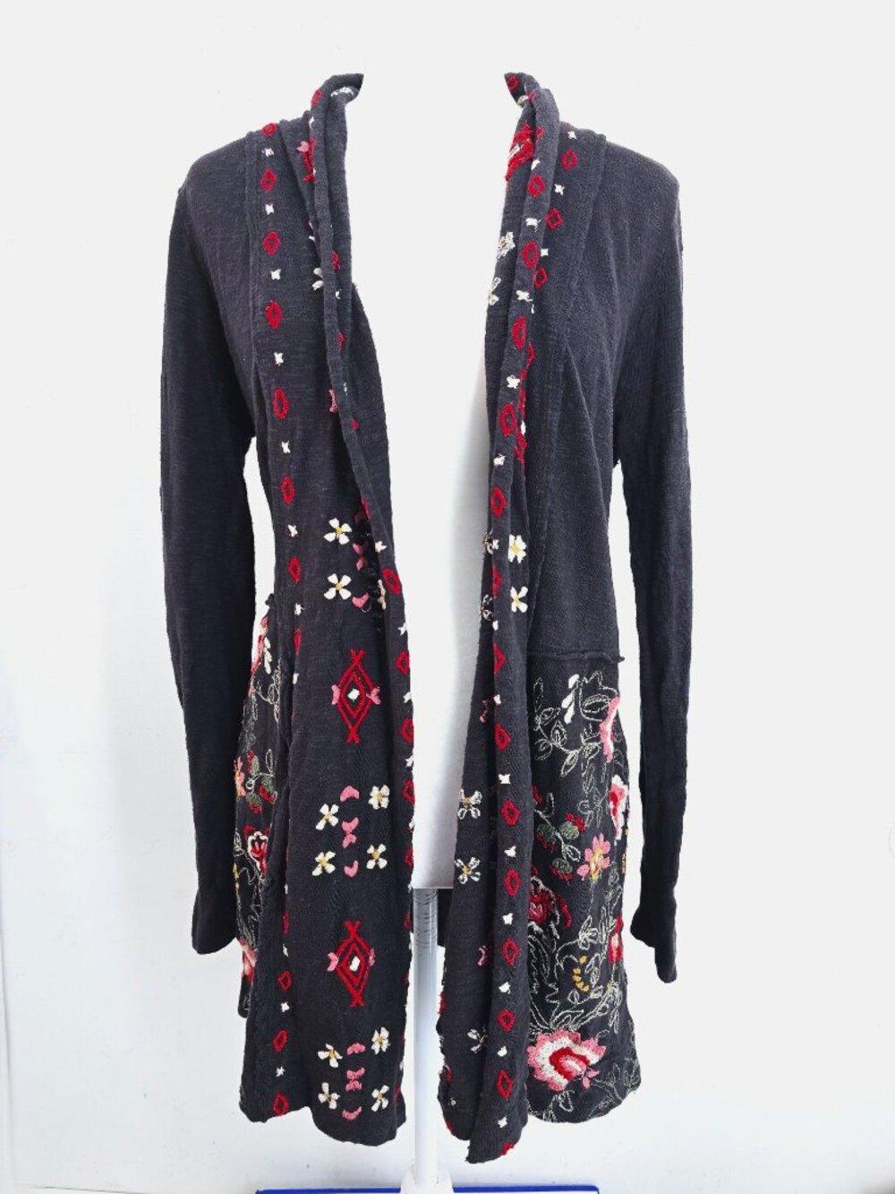 Monroe and Main Dark Gray Boho Floral Embroidered Long Duster Cardigan Women M